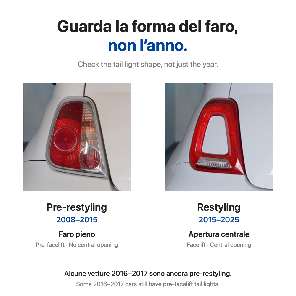 Original Fiat 500 and Abarth tail lights: pre-facelift without a central opening and facelift with a central opening.
