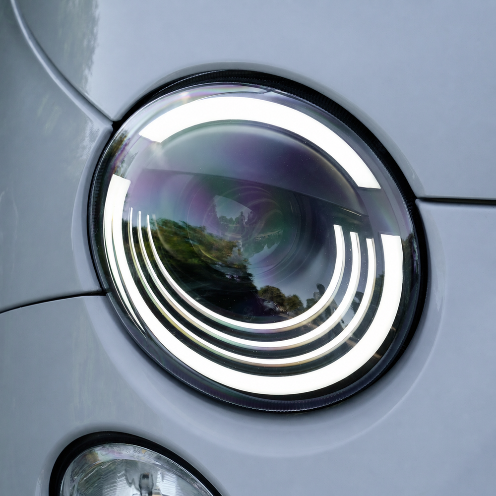 Full LED headlight installed on North American Fiat 500 and Abarth 2012–2019, close-up