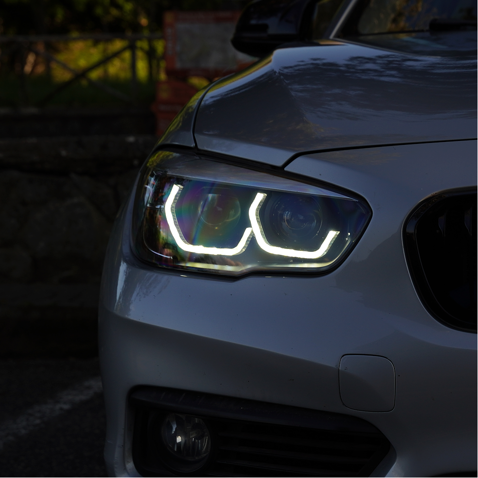 Front detail of LED headlights installed on BMW 1 Series F20/F21 LCI