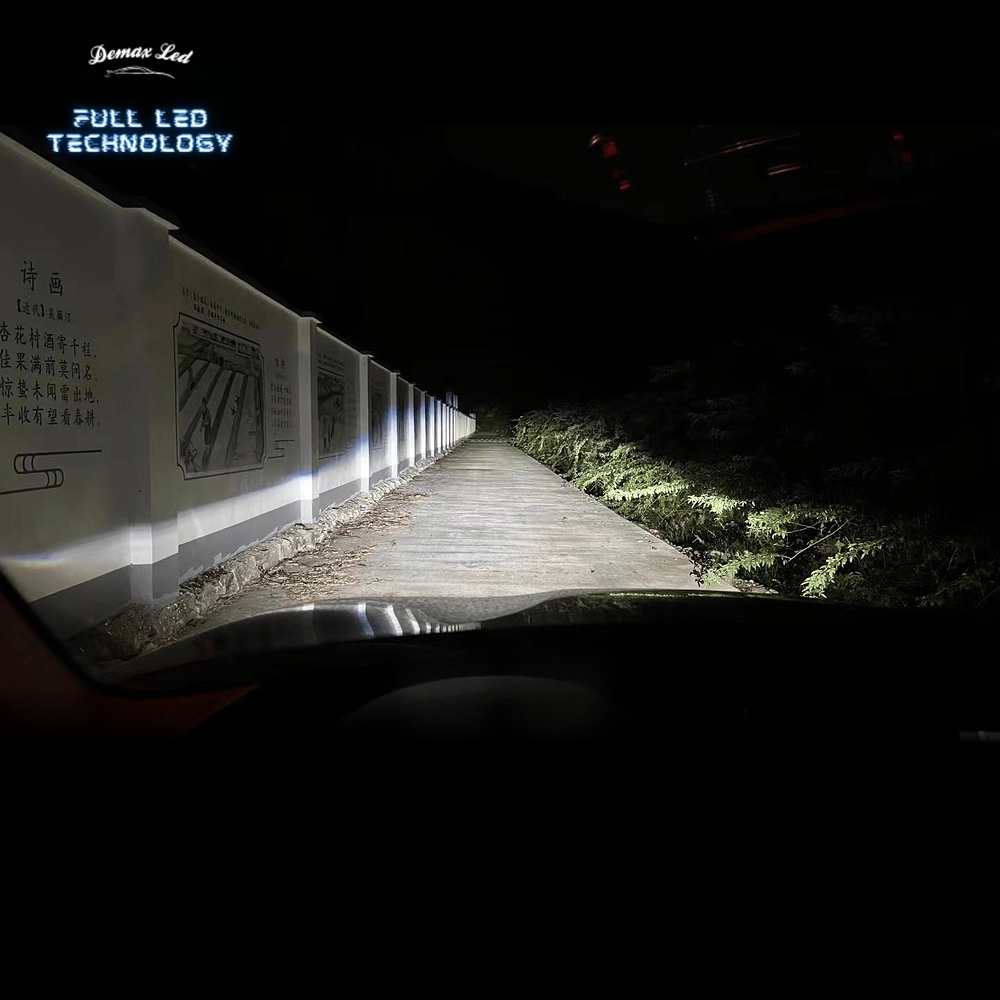 High-beam pattern from BMW Full LED headlights on a road at night