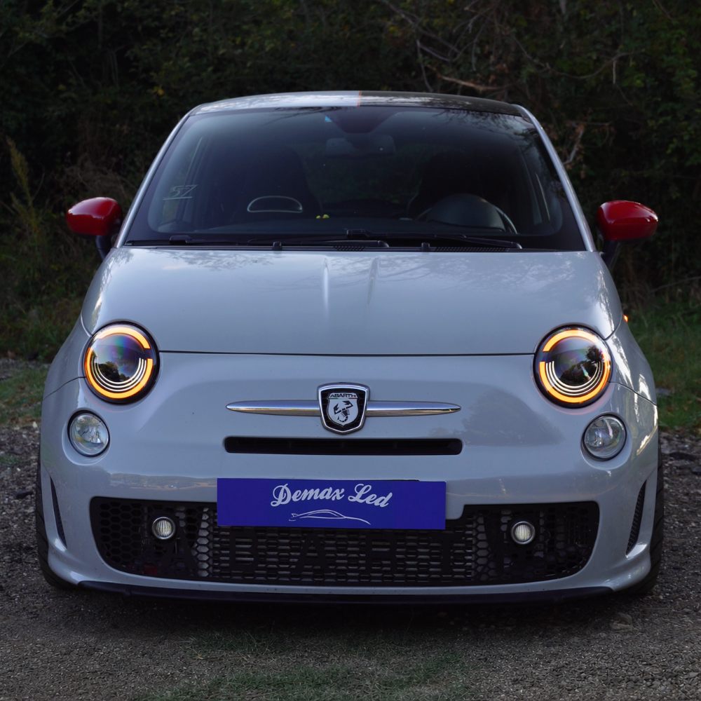 North American Fiat 500 and Abarth Full LED headlights with amber turn signals on
