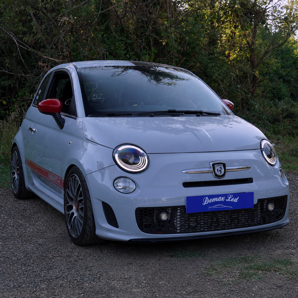 Full LED headlights installed on North American Fiat 500 and Abarth, side view